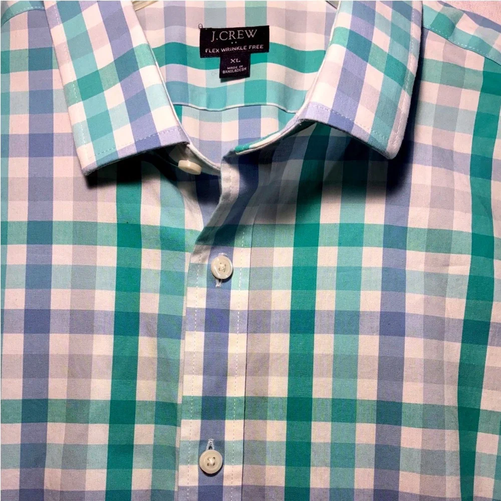 J.Crew Men's Slim Fit Shirt XL Blue Green Gingham Flex Wrinkle-Free Button Down‎